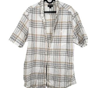 Haggar Linen Blend Plaid Button Up Shirt